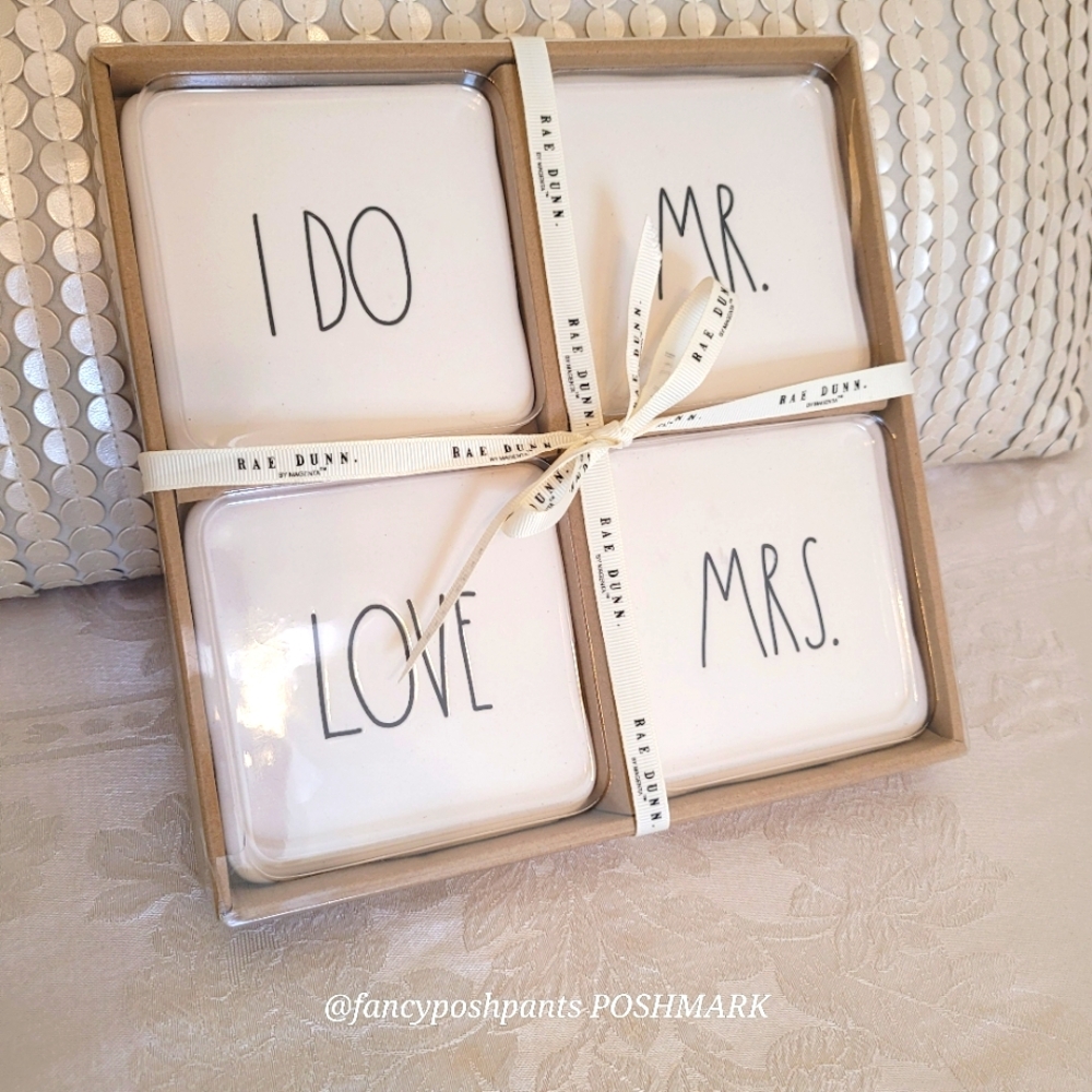 new!RAE DUNN white wedding engagement anniversary coaster 4 piece set sealed